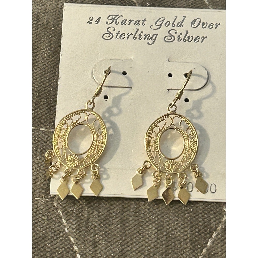 24k Gold over Sterling Silver Round Tassel  Drop Dangle Earrings NWT
